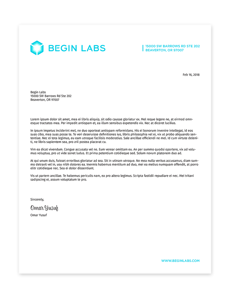 The Begin Labs letterhead design, featuring the company logo in turquoise.