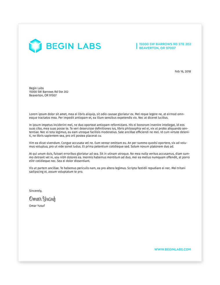 The Begin Labs letterhead design, featuring the company logo in turquoise.