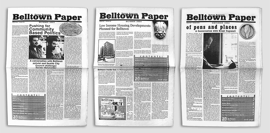 Three copies of the Bellown Paper, a black and white newspaper with photography and iconography.