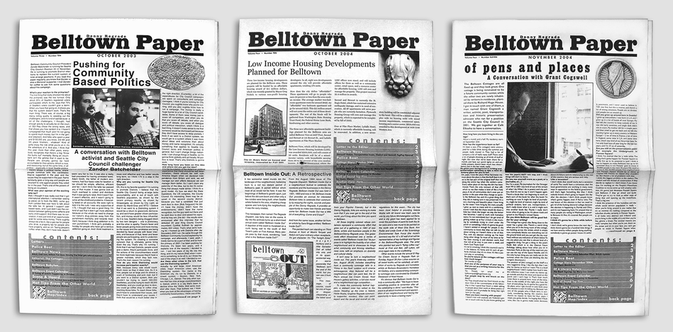 Three copies of the Bellown Paper, a black and white newspaper with photography and iconography.