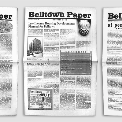 Three copies of the Bellown Paper, a black and white newspaper with photography and iconography.