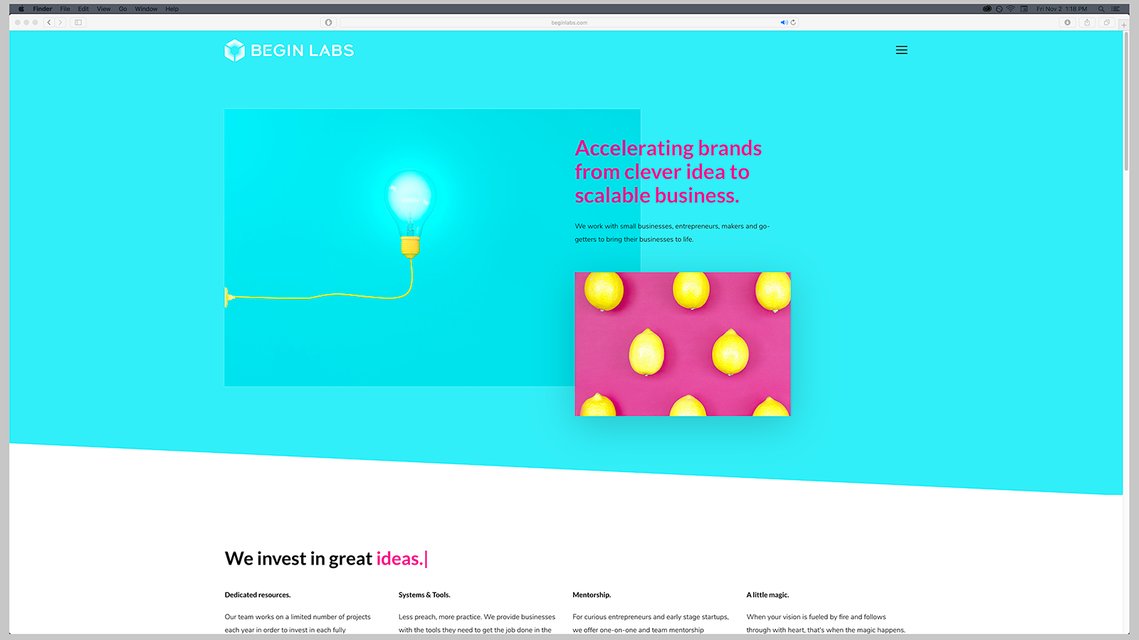 The Begin Labs website home page.