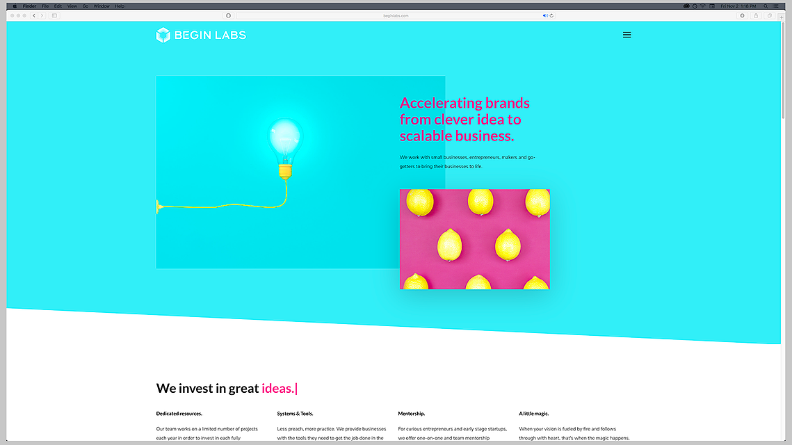 The Begin Labs website home page.