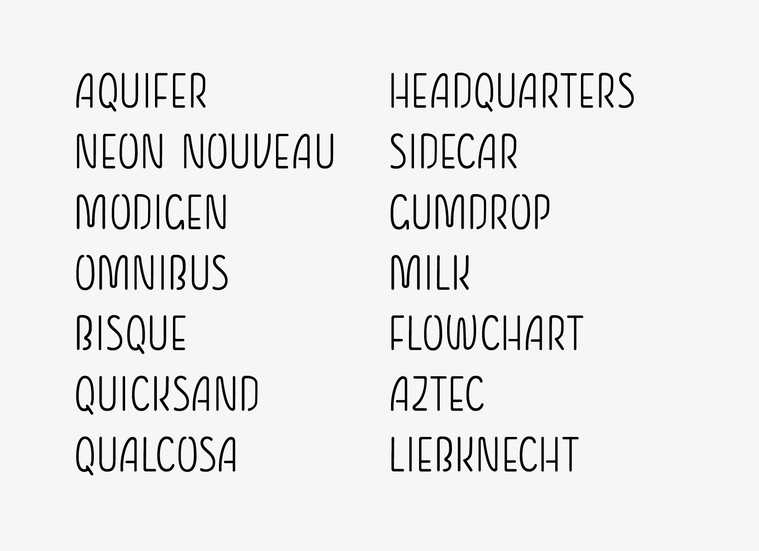 Type specimen for Qualcosa, a neon style all capitals typeface.