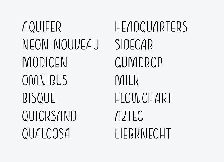 Type specimen for Qualcosa, a neon style all capitals typeface.