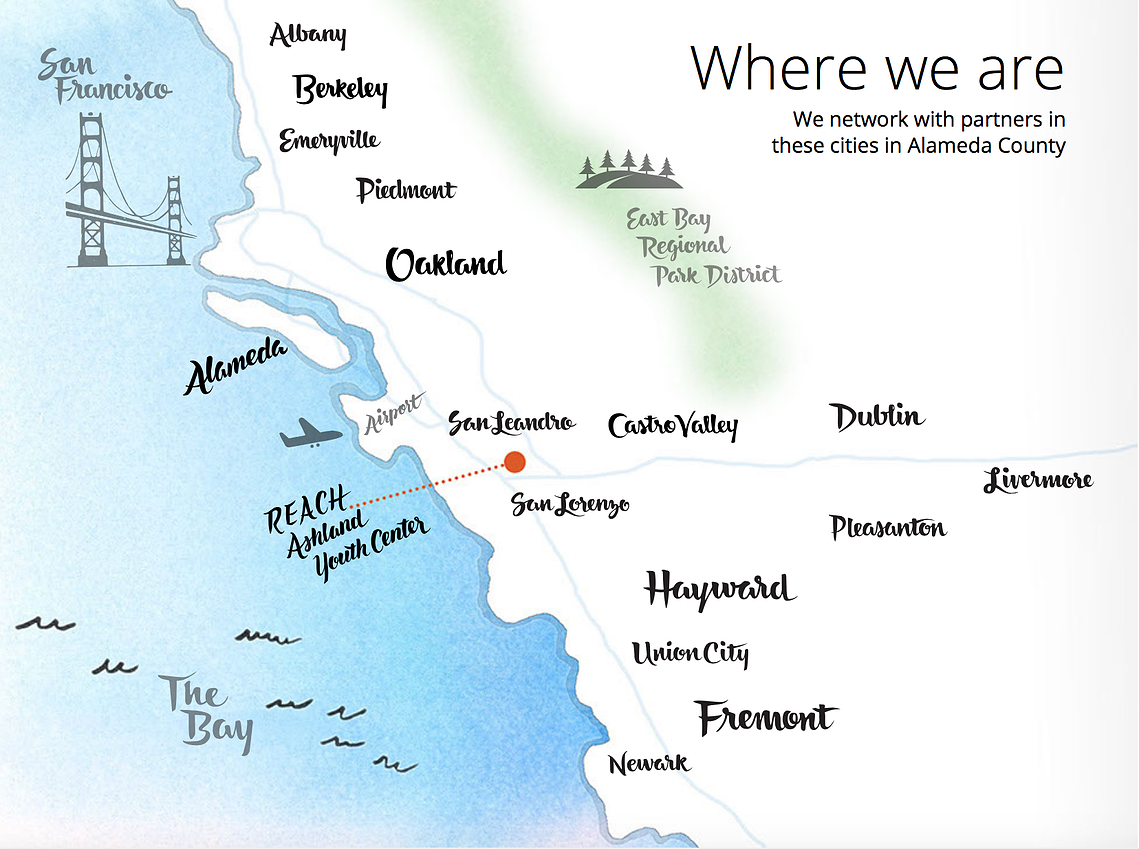 Hand-painted map of Alameda County, California.