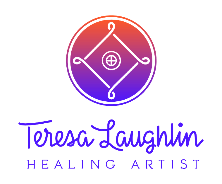 Logo design for Teresa Laughlin, Healing Artist, with custom lettering in an upright script. The logo's icon is a simplified shield knot from Western mystical traditions with a medicine wheel in the center, referencing the sacred four cardinal directions.