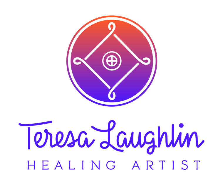 Logo design for Teresa Laughlin, Healing Artist, with custom lettering in an upright script. The logo's icon is a simplified shield knot from Western mystical traditions with a medicine wheel in the center, referencing the sacred four cardinal directions.