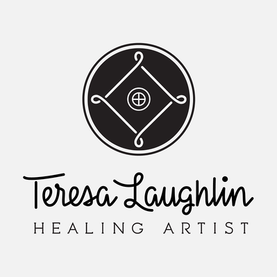 Black and white logo design for Teresa Laughlin, Healing Artist, with custom lettering in an upright script. The logo's icon is a simplified shield knot from Western mystical traditions with a medicine wheel in the center.