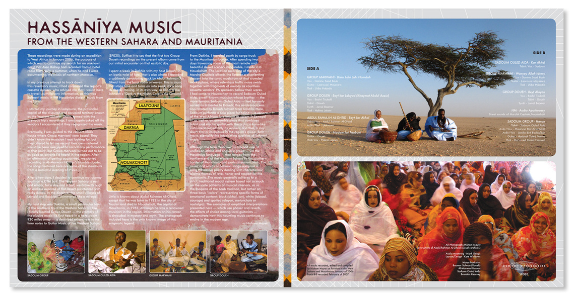 Inside spread of the album package for Hassaniya Music from the Western Sahara and Mauritania LP, with text and images of musicians, desert scenes, and a map.