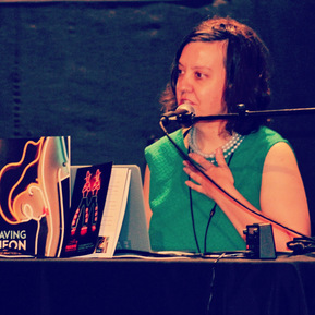 Kate Widdows delivering a Zoom talk about neon at San Francisco's Great American Music Hall, at Neon Speaks 2019.