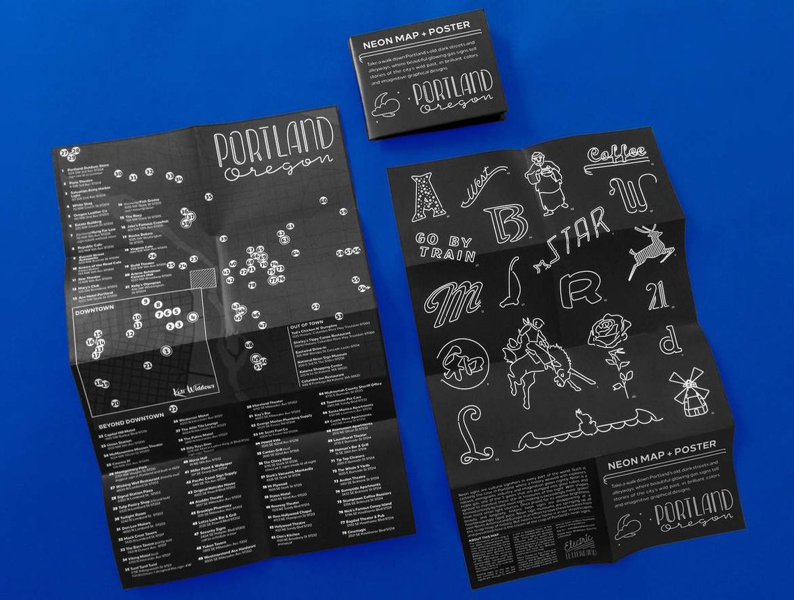 An unfolded map and poster of Portland Oregon's best neon signs, with white lettering and neon sign designs on a black background.