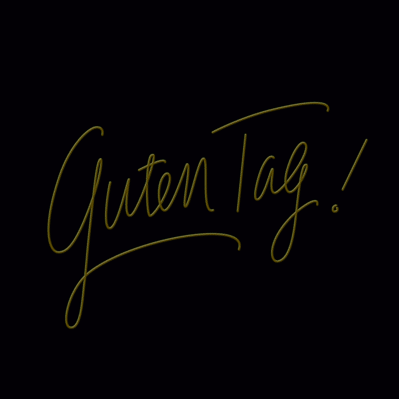 Animated neon lettering flashing of the words “Guten Tag!” in a lively green, blue, and yellow single stroke script.