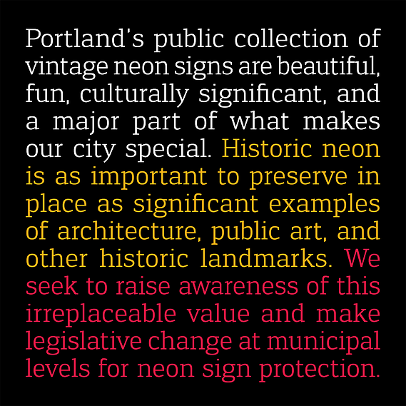 PDX Neon's mission statement on a black background in white, yellow, and bright pink-orange.