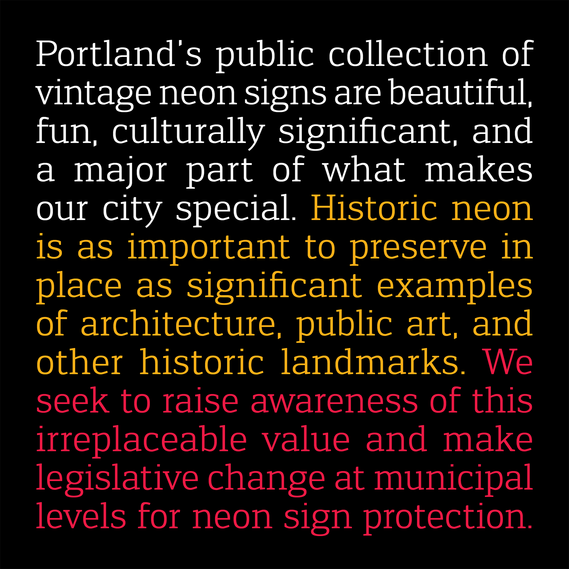 PDX Neon's mission statement on a black background in white, yellow, and bright pink-orange.