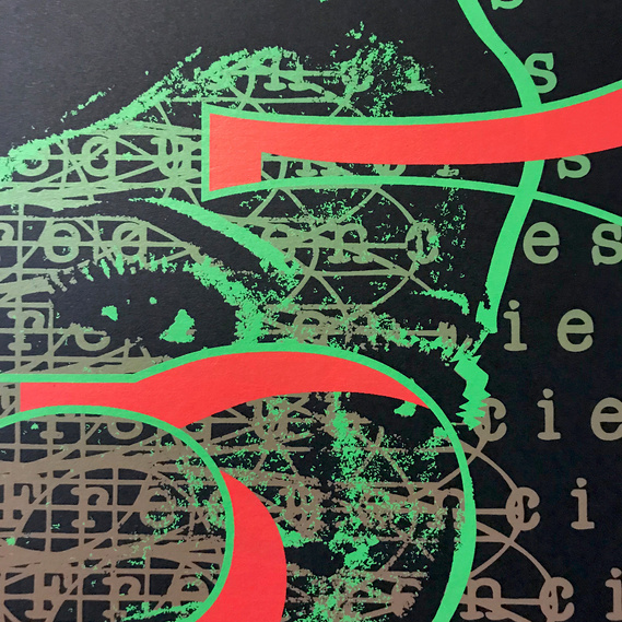 Closeup of the Sublime Frequencies 15th Anniversary silkscreened poster with green and red-orange ink on black paper. The design is dominated by a woman's face (Princess Nicotine) integrated with a large numeral 15 in outline and orange shadow.
