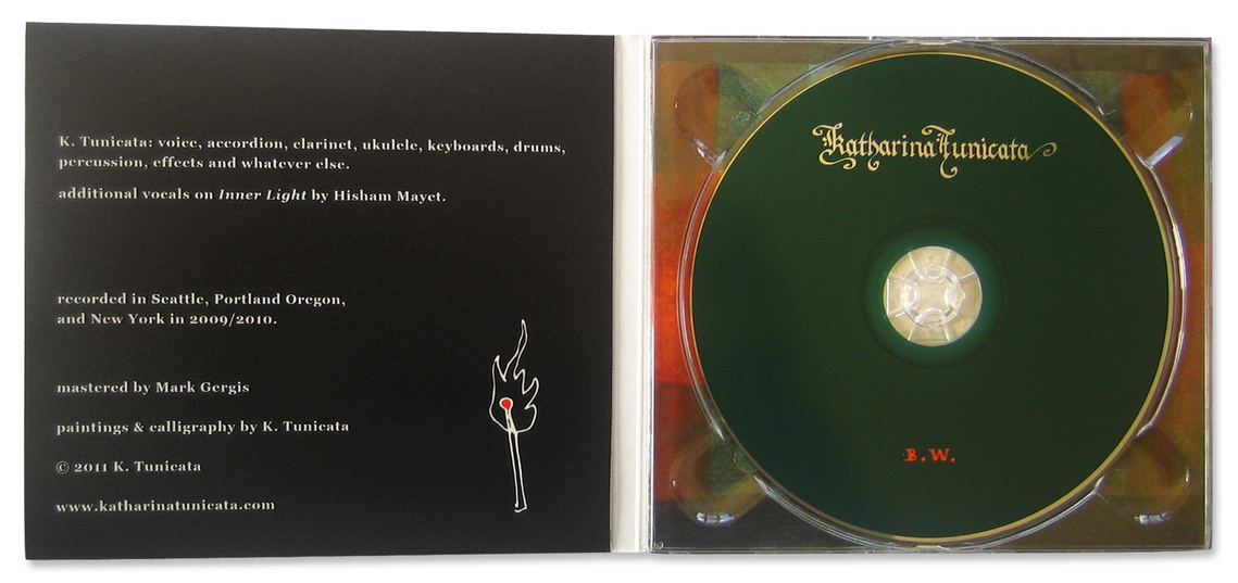 inside spread of digipak CD art for Katharina Tunicata's Black Widow with an abstract watercolor painting in layers and calligraphy style lettering.