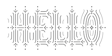 Neon lettering of the word “Hello” illustrated as an elaborate tapestry in black and white.