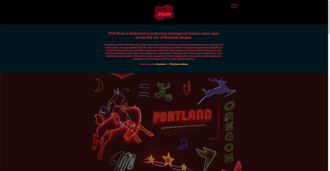 PDX Neon's website home page.
