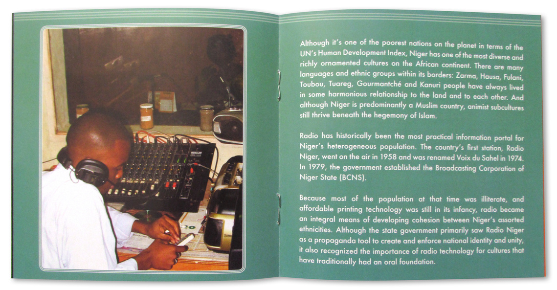 Radio Niger digipak gatefold CD booklet spread, featuring a photo of a Nigerian DJ at a sound board wearing headphones.