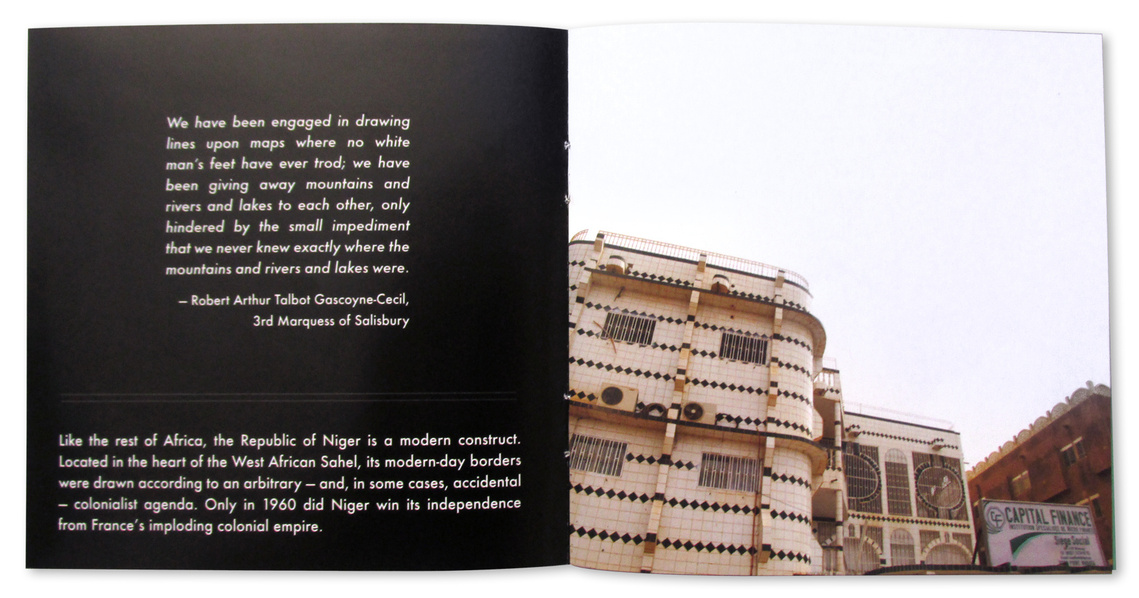 Radio Niger digipak gatefold CD booklet spread, with white text over a black background on the the left page, and a photo of an art deco era building in Agadez on the right page.