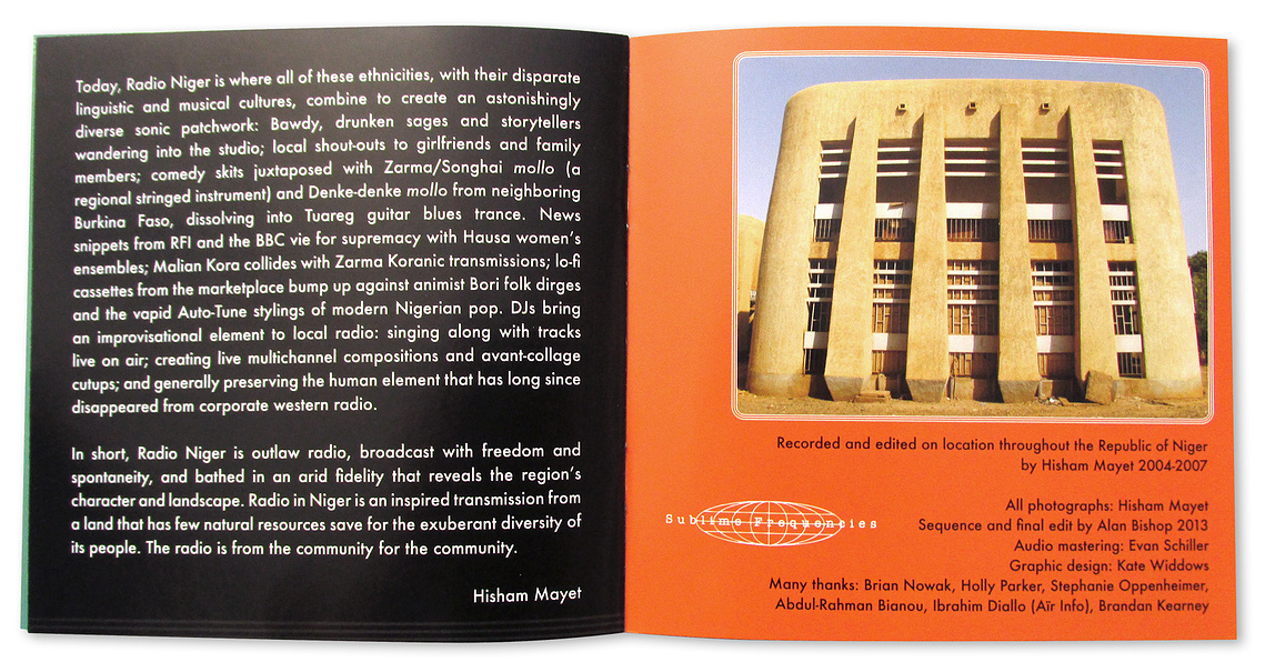 Radio Niger digipak gatefold CD booklet spread, featuring text and a photo of a Brutalist architecture building in Agadez.