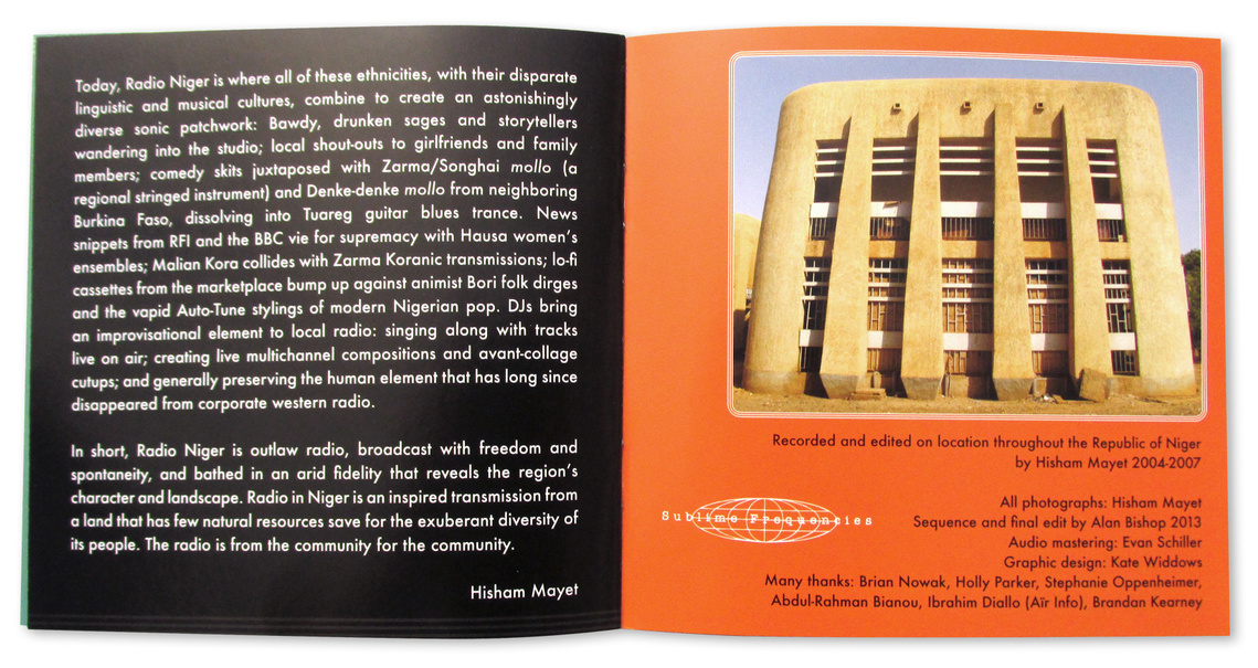 Radio Niger digipak gatefold CD booklet spread, featuring text and a photo of a Brutalist architecture building in Agadez.