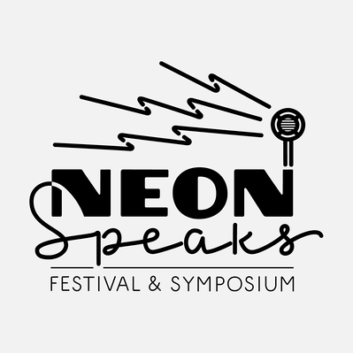 Logo for the Neon Speaks festival and symposium, with a mix of art deco capital letters, an neon tube style upright script, with a round vintage style speaker and lightning bolt shaped neon sound waves emitting from the speaker.