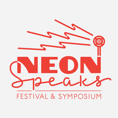 Logo for the Neon Speaks festival and symposium, with a mix of art deco capital letters, an neon tube style upright script, with a round vintage style speaker and lightning bolt shaped neon sound waves emitting from the speaker.