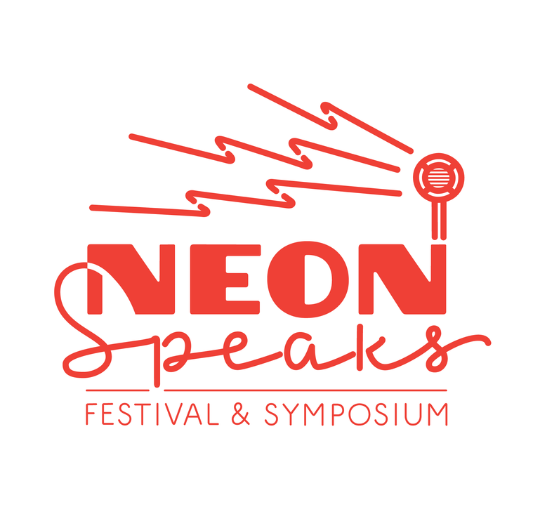 Red one-color logo for the Neon Speaks festival and symposium, with a mix of art deco capital letters, an neon tube style upright script, with a round vintage style speaker and lightning bolt shaped neon sound waves emitting from the speaker.