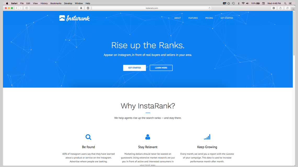 Instarank's website home page.