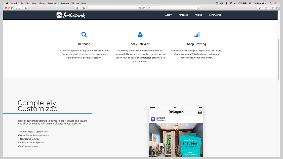 Instarank's website home page.