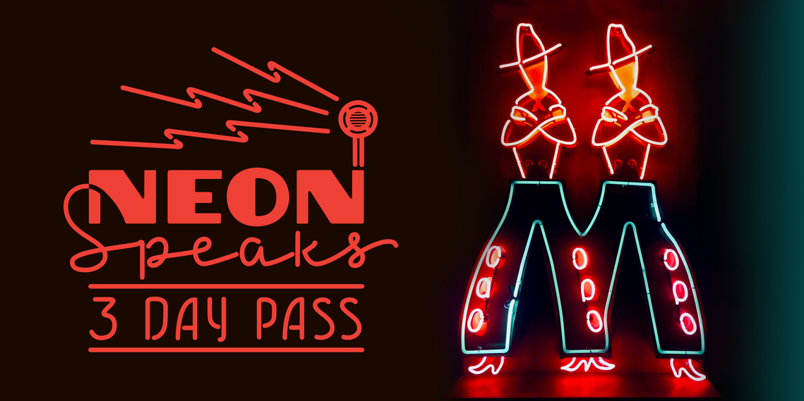 Ticket page header image for the Neon Speaks 3 day pass, featuring a neon sign of twin cowboys and the festival logo