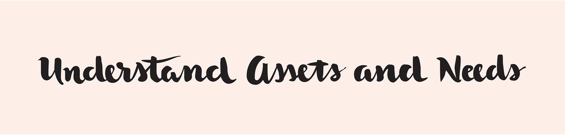 The phrase “Understand Assets and Needes” hand lettered with a brush in black ink in a heavy upright script, on a pale peach background.