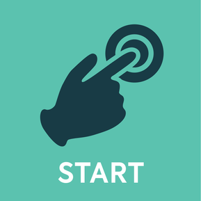 Icon of a hand pushing a button, in dark green on a bright green background.