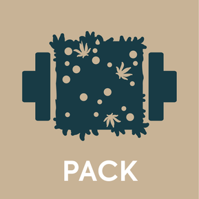 Icon of cannabis plant matter being packed and compressed, in dark green on a light brown background.