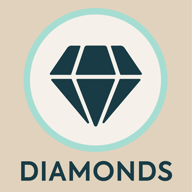 Icon of a diamond, in dark green inside a white circle, with a light brown background.