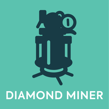 Icon of a diamond miner in dark green on a bright green background.