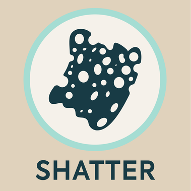 Icon of a piece of shatter, in dark green inside a white circle, with a light brown background.