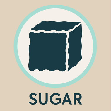 Icon of a sugar cube, in dark green inside a white circle, with a light brown background.