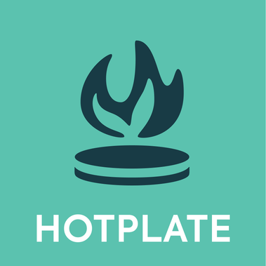 Icon of a hot plate in dark green on a bright green background.