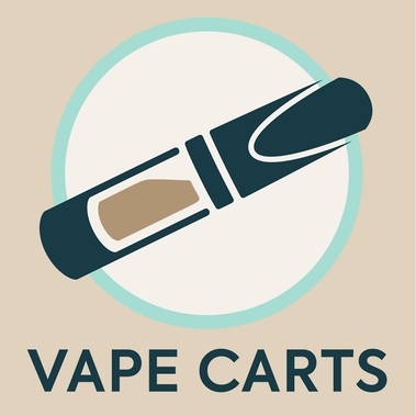 Icon of a vape cartridge, in dark green inside a white circle, with a light brown background.