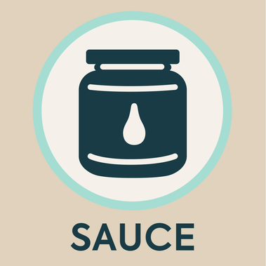 Icon of a jar of sauce with a white drop of liquid on the label, in dark green inside a white circle, with a light brown background.