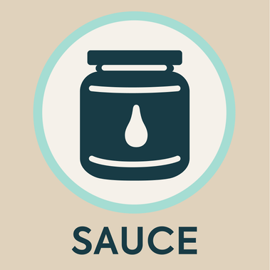 Icon of a jar of sauce with a white drop of liquid on the label, in dark green inside a white circle, with a light brown background.