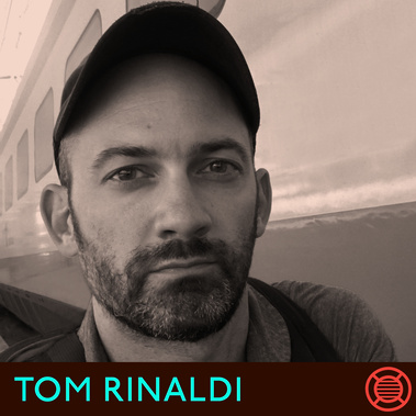 Image card for Tom Rinaldi's Neon Speaks appearance, with a black and white photo of Tom.