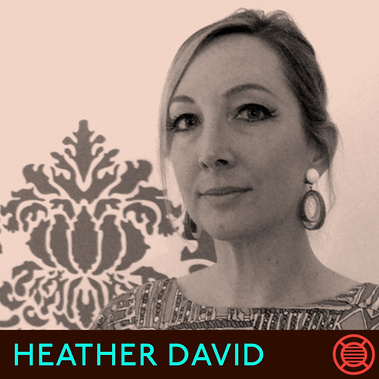 Image card for Heather David's Neon Speaks appearance, with a black and white photo of Heather.