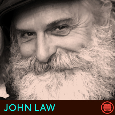 Image card for John Law's Neon Speaks appearance, with a black and white photo of John.