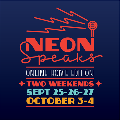 Promo image for Neon Speaks 2020  including the logo in red, and the dates of the festival using the Zaborsky typeface.