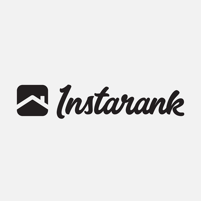 Instarank logo in a customized thick brush script type, with a house rooftop and chimney symbol on the left side of the wordmark. 