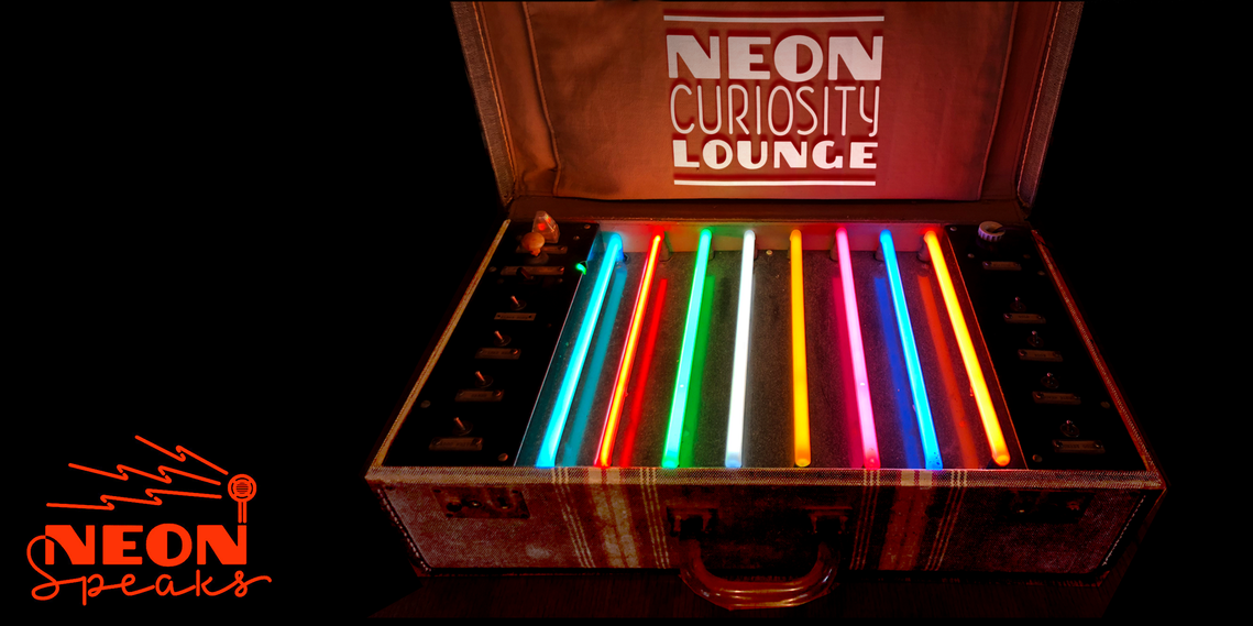 Ticket page header image for the Neon Speaks Curiosity Lounge, featuring a neon sales samples suitcase with lit tubes in 8 colors.